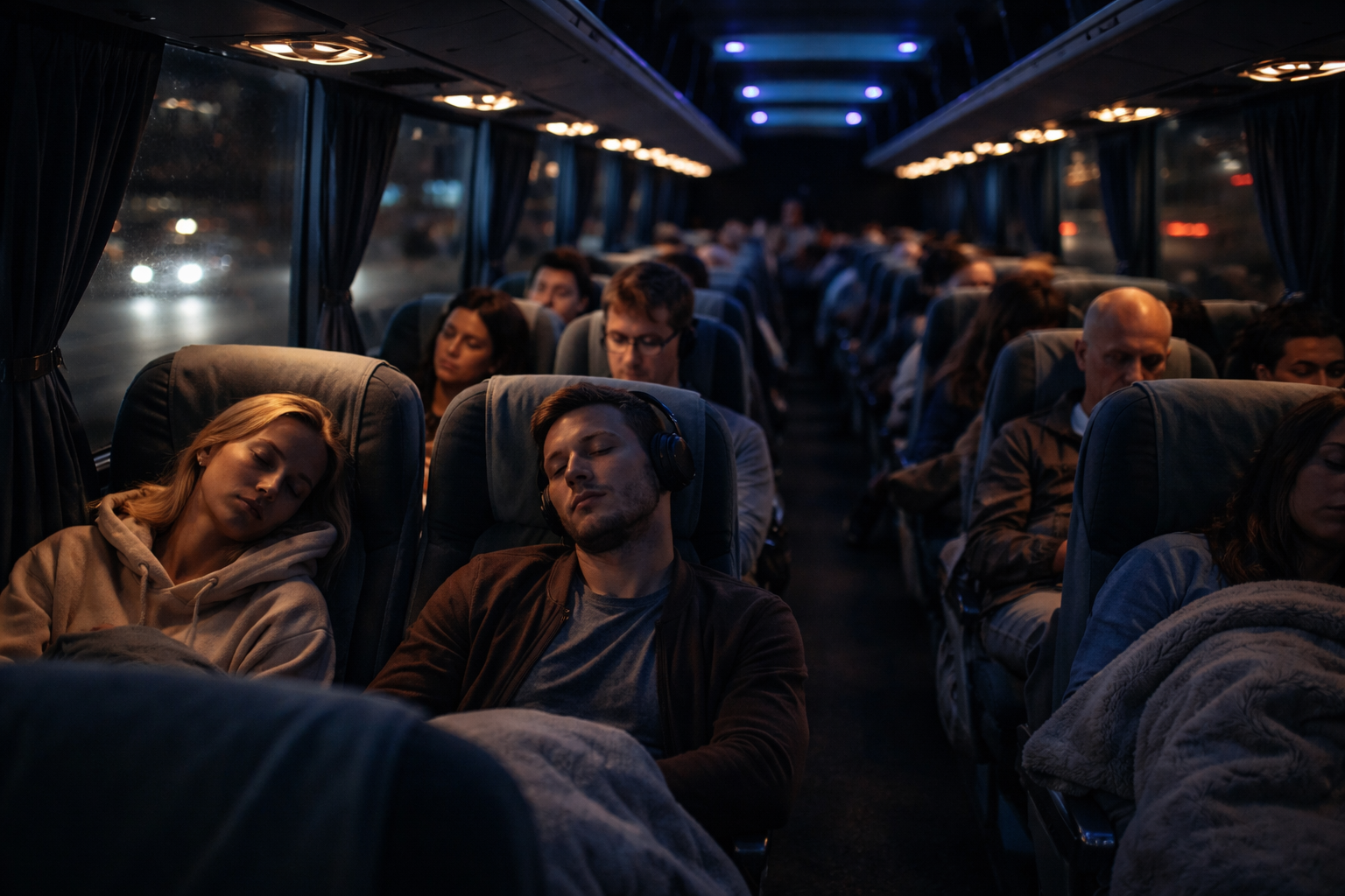 im Reisebus bei Nacht